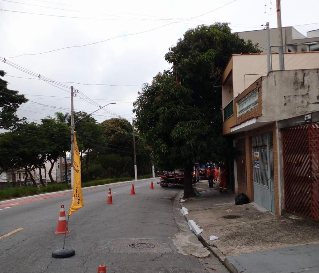 Imagem da Av. Conceição interditada por cones, sinalizando a ação de zeladoria de poda de árvores